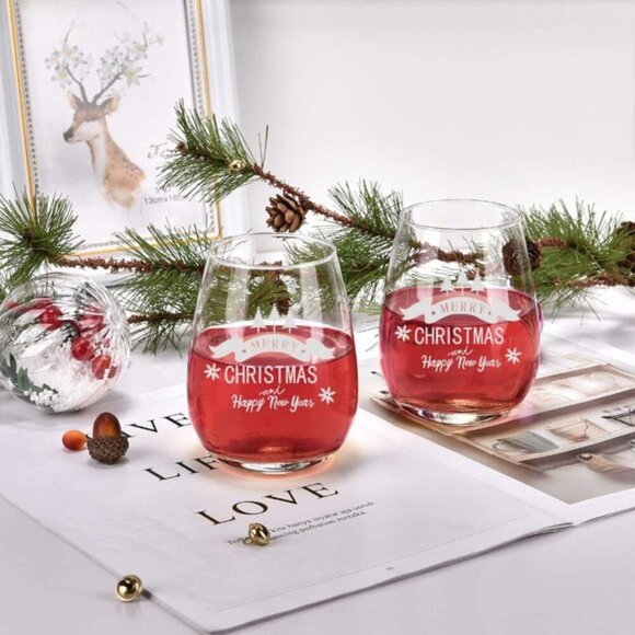 MERRY CHRISTMAS STEMLESS WINE GLASSES SET 2 - Picture 2 of 8